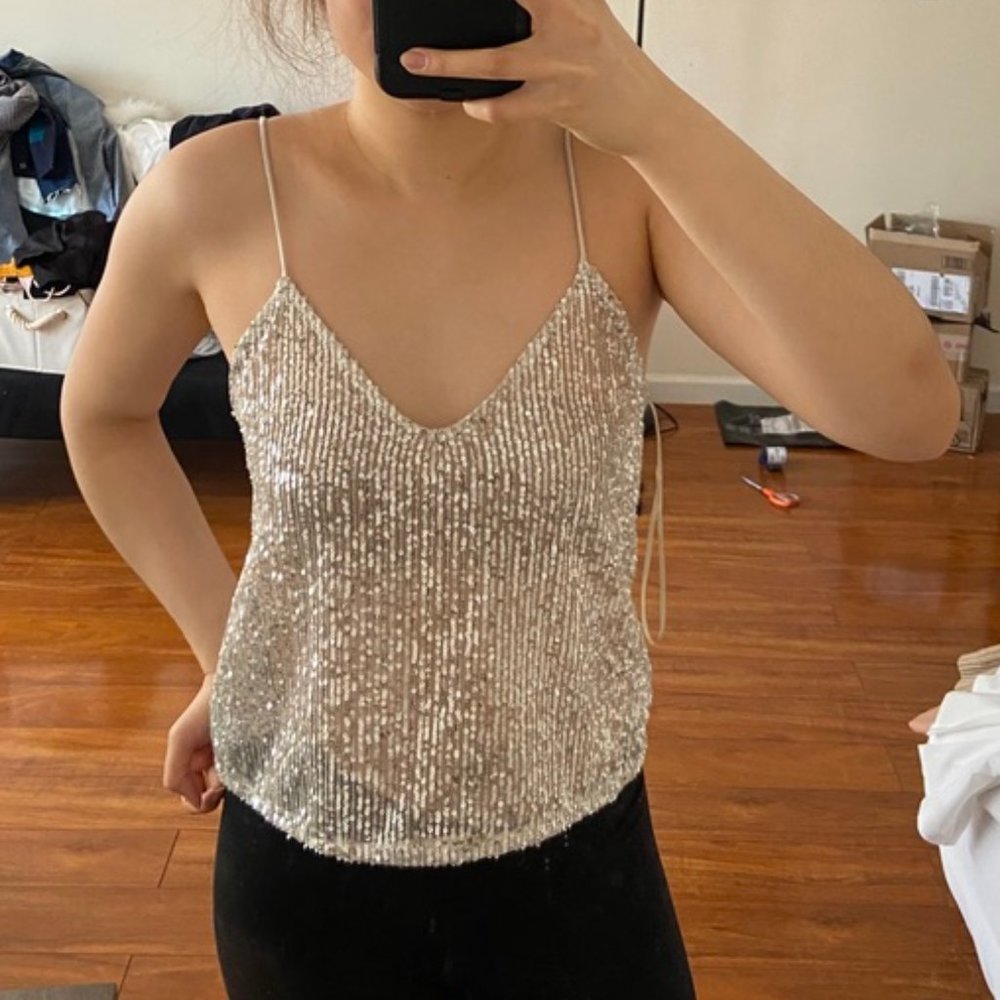 New Zara Sparkly Silver Sequin Top